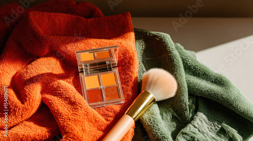 Cozy flat lay with makeup palette, soft brush, and textured towels showcases morning beauty routine, skincare, and feminine elegance.