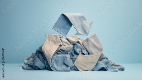Creative sustainable fashion photo with denim arrows and fabric pile visualizes eco-conscious recycling, textile reuse, and circular clothing economy.