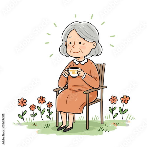 Elderly woman sitting and enjoying tea in garden surrounded by flowers  