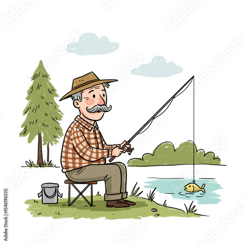 Retiree enjoying quiet life while fishing by the lake in nature  