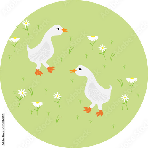 Two funny geese with daisies on a green lawn. Vector illustration. Perfect for home textiles, fabric printing, cover design, greeting cards, and wrapping paper.