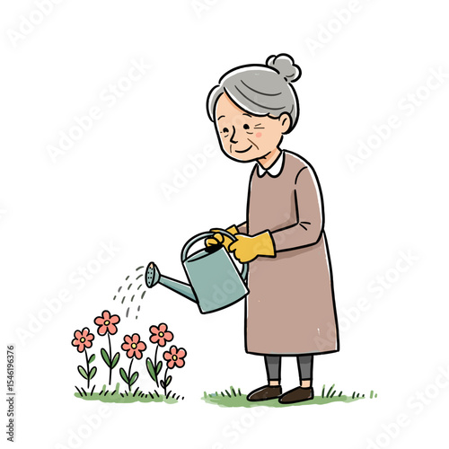 Elderly woman watering flowers in garden with joyful expression  