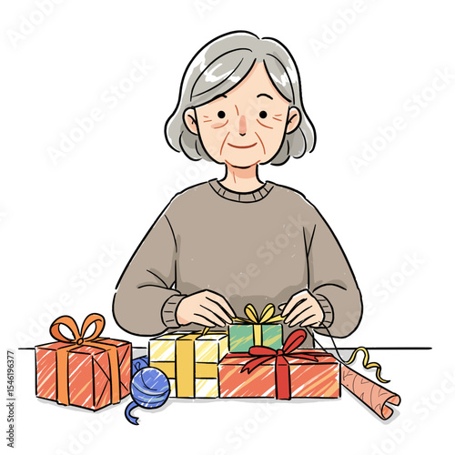 Elderly woman wrapping gifts and smiling at the table with presents  