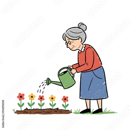 Elderly woman watering flowers in garden with green watering can  