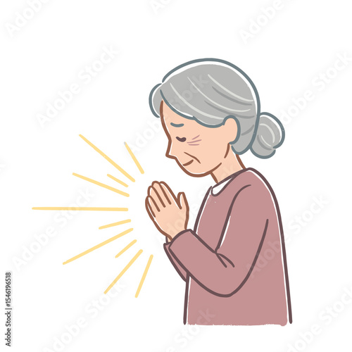 Senior woman praying with light and showing gratitude in peace  