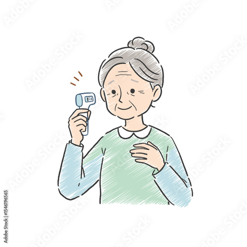 Elderly woman measuring temperature with thermometer at home  