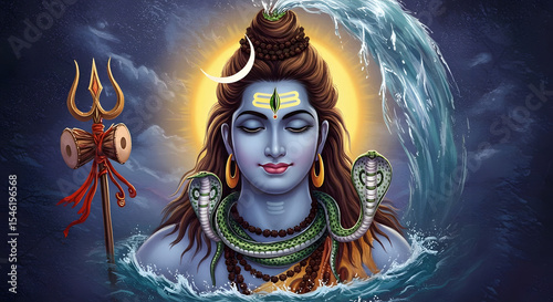 Serene depiction of Lord Shiva, Hindu deity, adorned with snakes and trident, amidst flowing water and celestial backdrop.