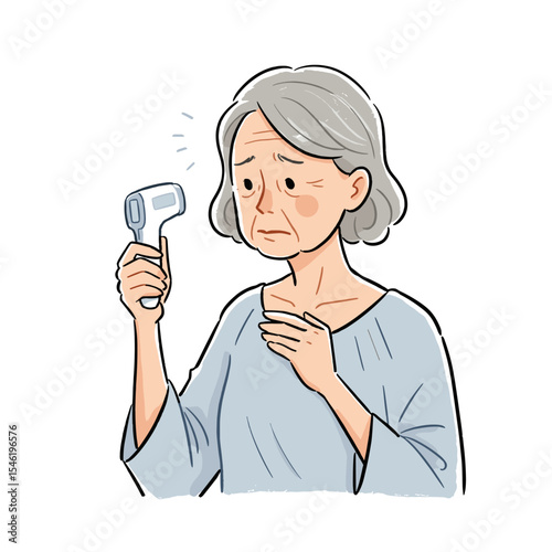 Elderly woman measuring temperature with thermometer and concerned expression  