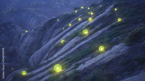 terrain with scattered glowing orbs and thin mist crawling over the surface