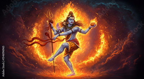 A vibrant depiction of the Hindu deity Shiva performing a cosmic dance within a fiery aura.