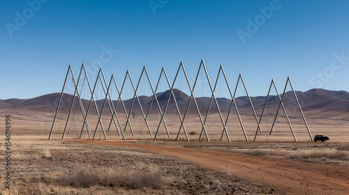 sculpture made from floating triangles in a cloudless environment