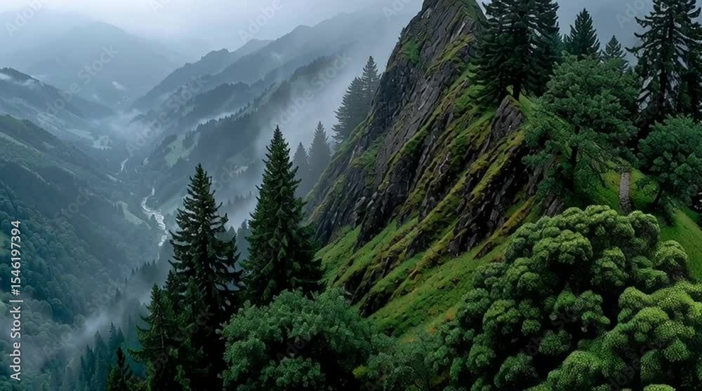 A drone view of a winding path cutting through a vast coniferous forest under a dramatic sky, layers of tree canopies fading into the horizon