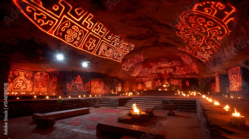 cave with glowing alien symbols on the walls and ceiling