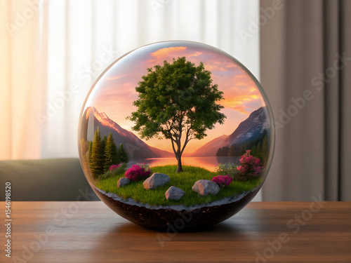 Nature Terrarium Glass Globe with Tree Mountain Sunset and Flowers
