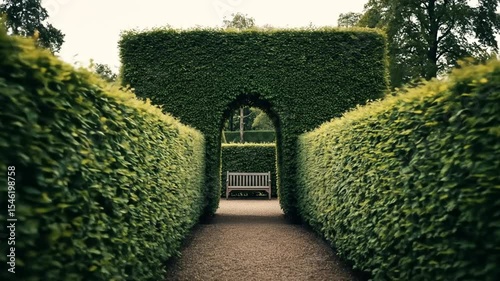 Tranquil Bench in Green Hedge Archway Garden