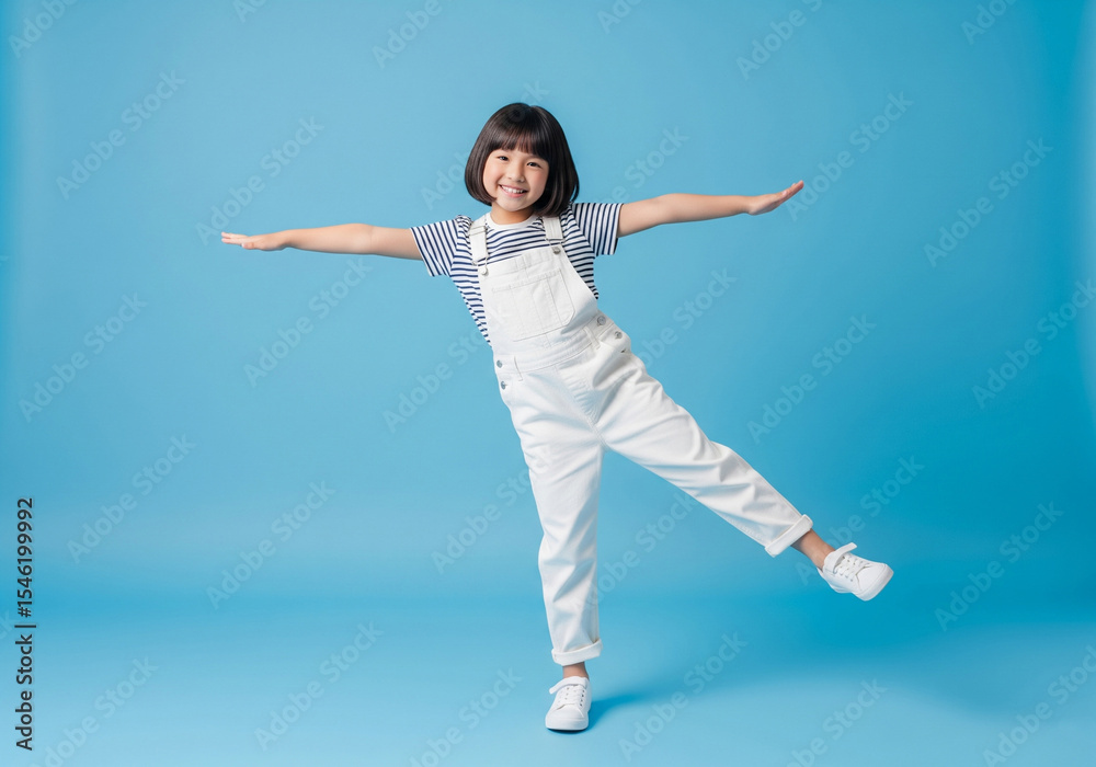 Obraz premium Playful Young Girl Balancing with Arms Outstretched on a Blue Background