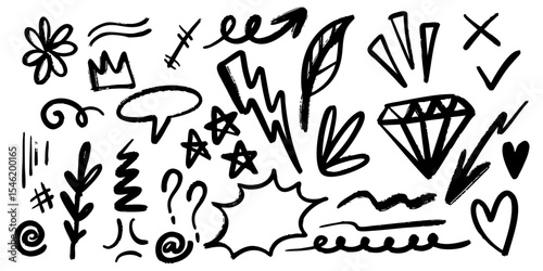 Hand Drawn Doodle Elements Set. Arrows, Shapes, Icons, and Symbols in Black and White