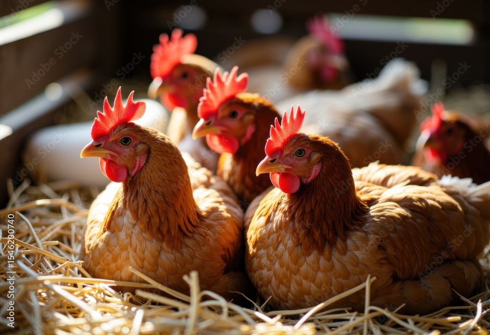 Fototapeta premium Group of brown hens with red combs resting on straw bedding in a farm setting