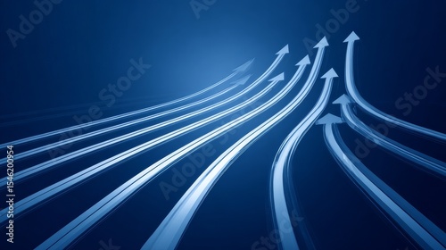 Sleek white arrows curving and ascending against a deep blue gradient background, symbolizing forward momentum, progress, and dynamic motion.