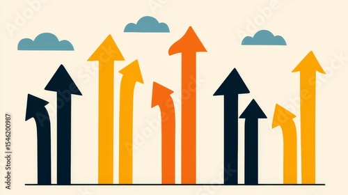 Collection of upward-pointing arrows in dark blue, orange, and yellow, symbolizing growth and progress, arranged randomly with light blue cloud shapes above on a neutral background.