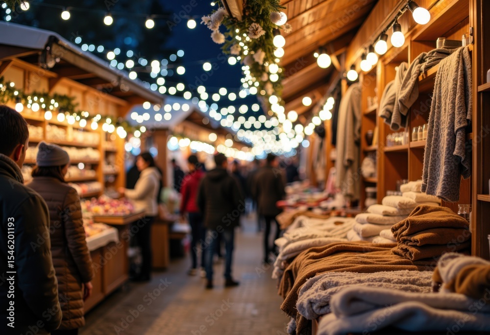 Naklejka premium Vibrant outdoor market at night with warm lighting and bustling shoppers