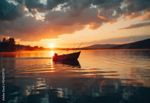 Serene sunset over a calm lake with a lone boat floating on the water photo