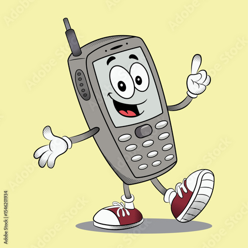 Retro mobile phone character, Groovy mascot, Groovy style vector illustration, Vector art, Cartoon character mascot illustration,  Vintage style illustration
