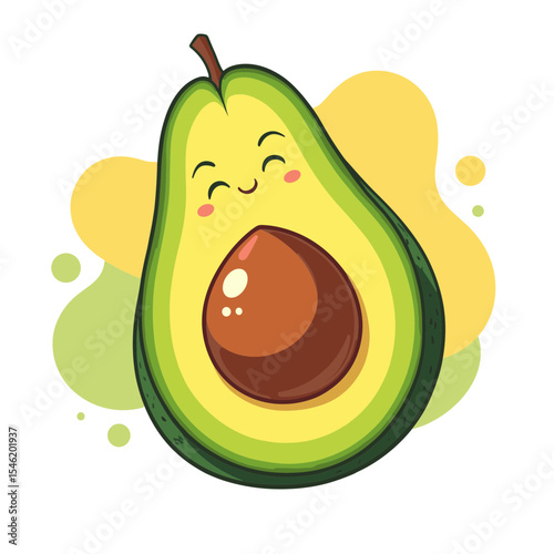 Cute cartoon avocado with smiling face against colorful background  