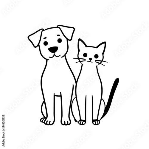 Dog and cat sitting side by side in simple black and white style  