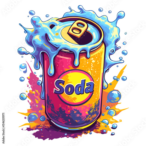 Colorful soda can with splashing water and vibrant background  