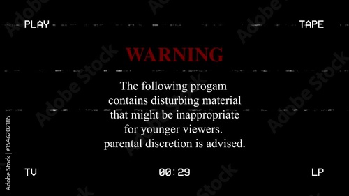 animation old retro vintage VHS tape, recreated from scratch with noise and distortion with warning message: the following content may not be suitable to minors, parental discretion is advised
