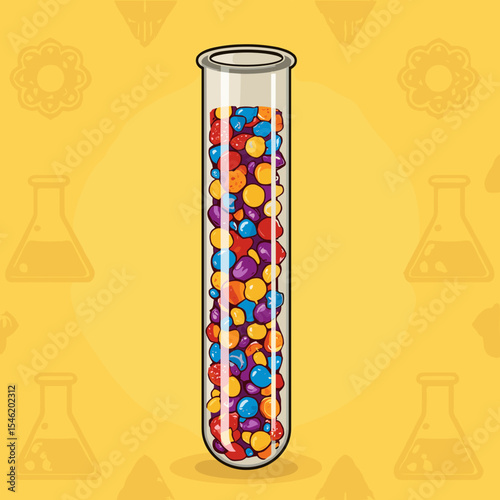 Test tube filled with colorful candies on yellow background