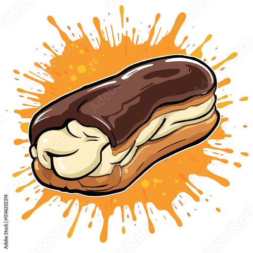 Vector image of a bitten eclair with frosting on a bright orange background