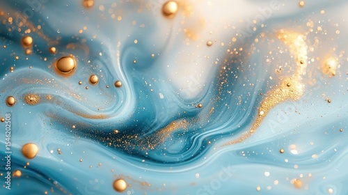 Abstract swirls of teal and cream, dotted with golden spheres
