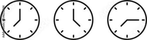 Minimalist clock icon set in black, blue, and red outlines showing time—perfect for UI design, scheduling apps, or time management visuals.