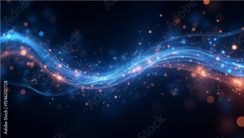 Dynamic A captivating abstract display of vibrant blue and fiery orange light streams intertwining in a graceful arc, adorned with shimmering, ethereal particles creating a mesmerizing bokeh effect.