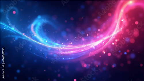 A captivating abstract display of vibrant blue and fiery orange light streams intertwining in a graceful arc, adorned with shimmering, ethereal particles creating a mesmerizing bokeh effect.