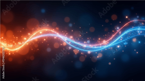 abstract  A captivating display of vibrant blue and fiery orange light streams intertwining in a graceful arc, adorned with shimmering, ethereal particles creating a mesmerizing bokeh effect