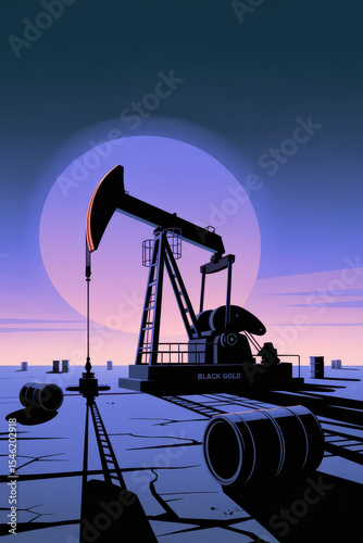 Dramatic Oil Pump Jack Under a Twilight Sky with Black Gold Barrels on Cracked Earth
