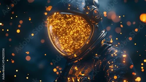 Astronaut Reflecting with Glowing Visor Amidst Sparkles. Video Generative AI.