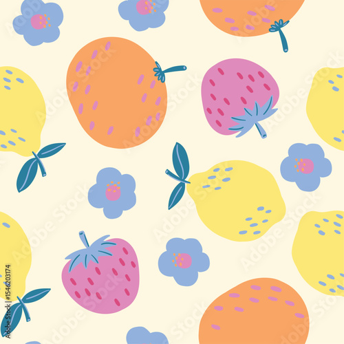 baby fashion pattern design with orange, strawberry, lemon and flower drawing as vector