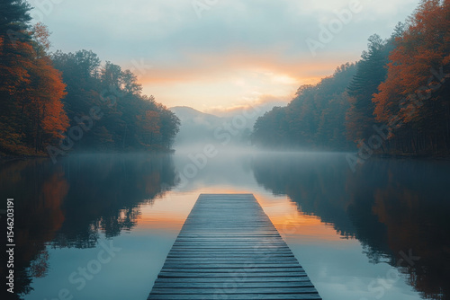Fototapeta Naklejka Na Ścianę i Meble -  Dock in misty lake surrounded by trees.