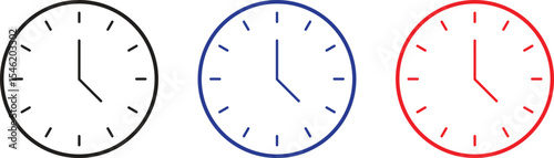 Modern clock icon set with black, blue, and red outlines displaying clock—ideal for user interface design, planner apps, and time management graphics.