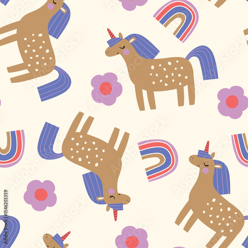 pattern design for kids fashion as vector with cute unicorn, sun, rainbow and flower drawing