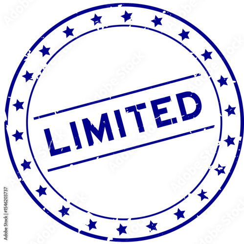 Grunge blue limited word round rubber seal stamp on white background