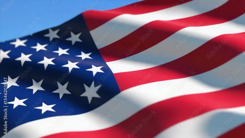 The national flag of the United States of America waving in the wind against a clear blue sk