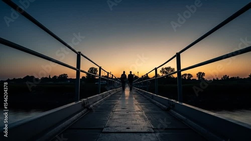 Two People Walking on Bridge at Sunset