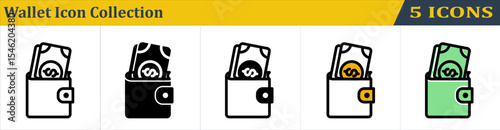 Wallet Icon Collection With 5 Style Icon (Outline, Solid, Mixed, Outline Color Lineal and Solid Color Lineal) 
