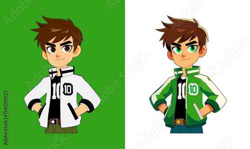 Cartoon Style Boy Character in Green and White Jacket with Confident Pose – Two Variations on Green and White Backgrounds