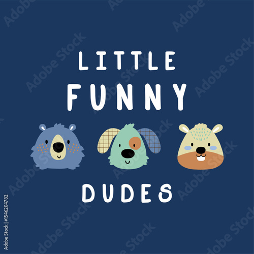 baby fashion tee print design with cute bear puppy and squirrel head drawing